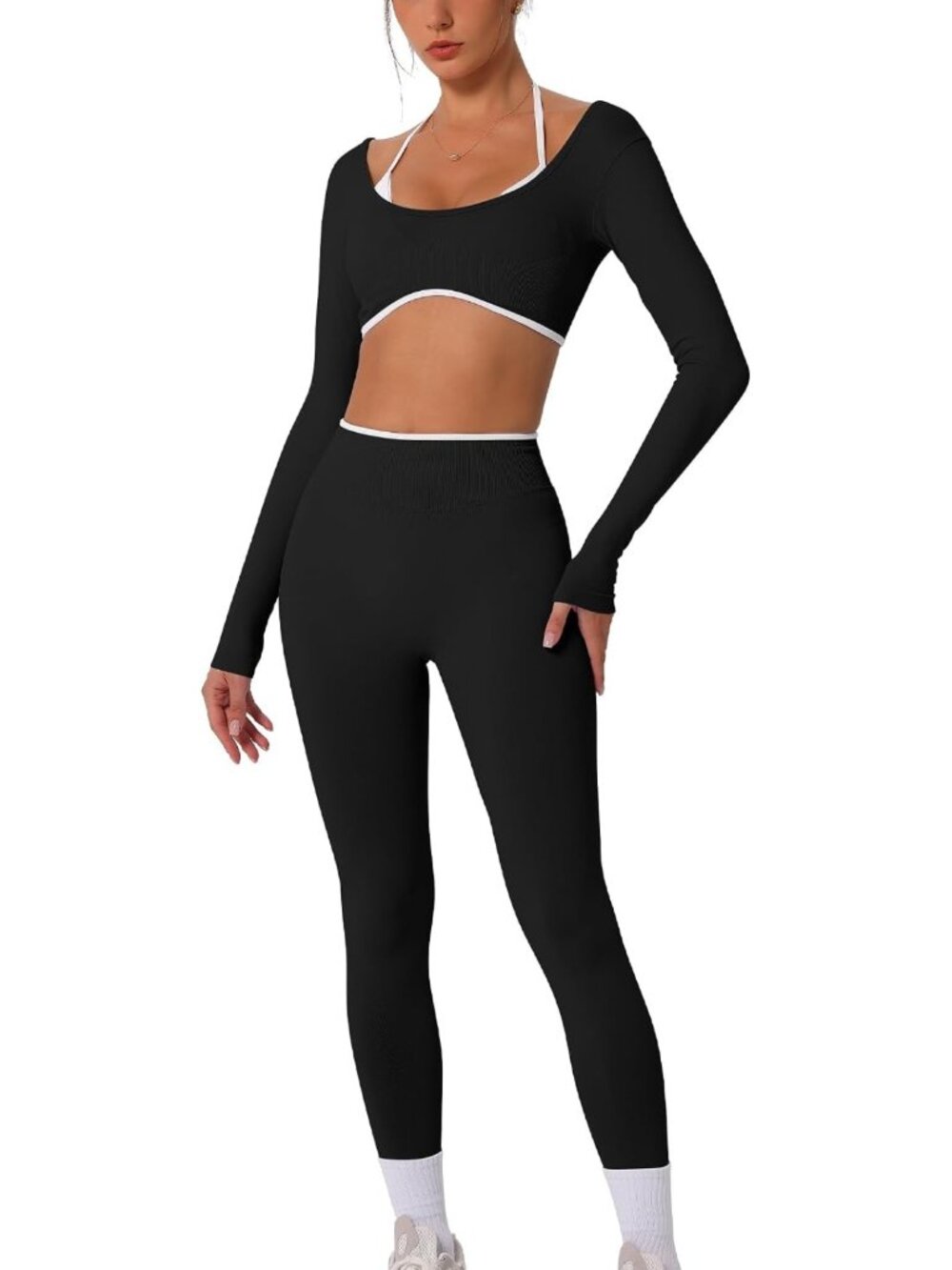 Stylish 2-Piece Workout Set for Women: Long Sleeve Crop Top & High Waist